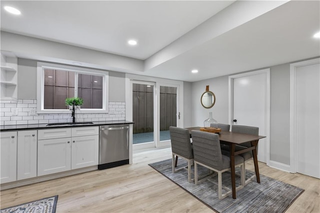 kitchen with tasteful backsplash, sink, white cabinets, and stainless steel dishwasher