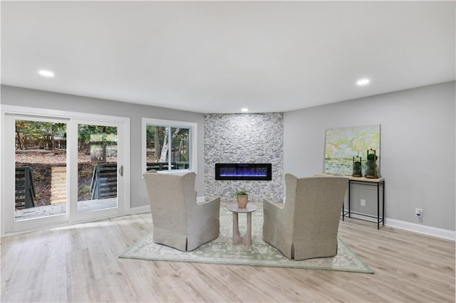 living room featuring light wood-type flooring and a fireplace