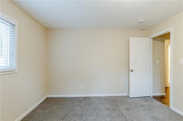 empty room featuring carpet, baseboards, and a textured ceiling