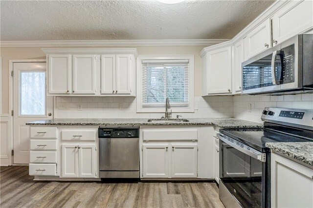 kitchen featuring crown molding, light wood-style flooring, appliances with stainless steel finishes, and a sink