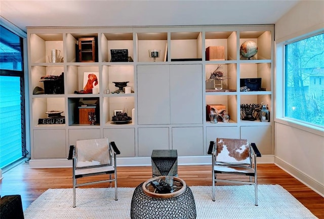 living area featuring wood finished floors, built in features, and a healthy amount of sunlight