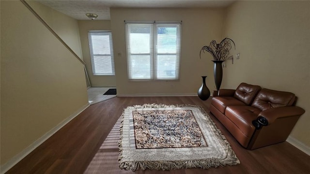 living room with baseboards and wood finished floors