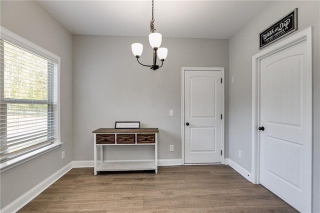 dining space with hardwood / wood-style flooring and a notable chandelier