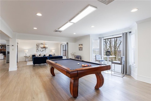 2316 Mountain Crest Pl, Gainesville, GA 30501 - rec room featuring crown molding, pool table, light wood-style floors, a chandelier, and baseboards