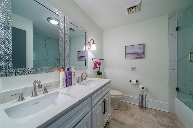 2316 Mountain Crest Pl, Gainesville, GA 30501 - bathroom featuring toilet, double vanity, marble finish flooring, shower / bath combination with glass door, and baseboards