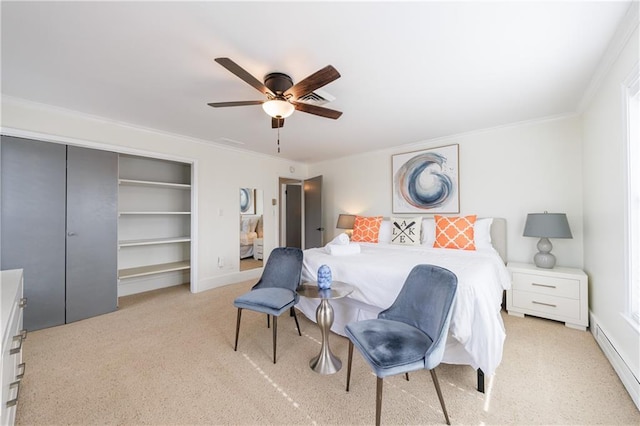 2316 Mountain Crest Pl, Gainesville, GA 30501 - bedroom featuring a baseboard radiator, light carpet, crown molding, baseboards, and a ceiling fan