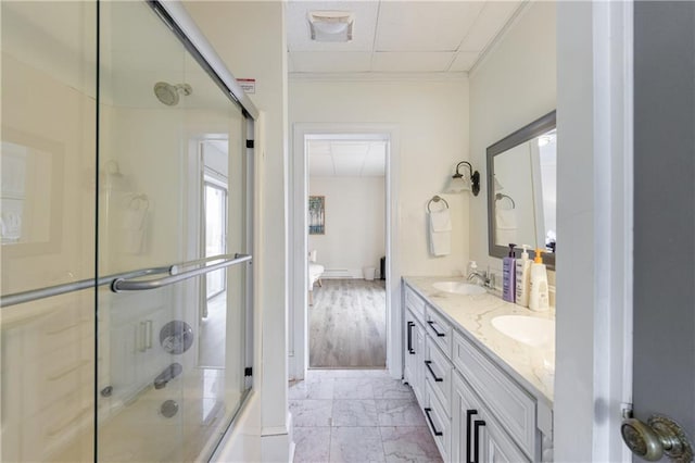 2316 Mountain Crest Pl, Gainesville, GA 30501 - bathroom featuring double vanity, enclosed tub / shower combo, and marble finish floors