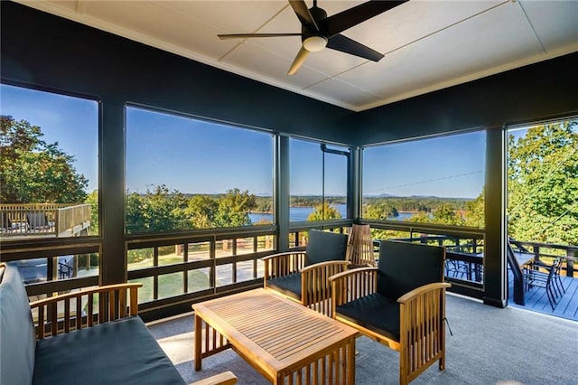 2316 Mountain Crest Pl, Gainesville, GA 30501 - sunroom / solarium featuring a water view, a ceiling fan, and plenty of natural light