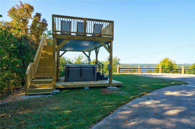 2316 Mountain Crest Pl, Gainesville, GA 30501 - view of yard featuring a hot tub, a wooden deck, and stairway
