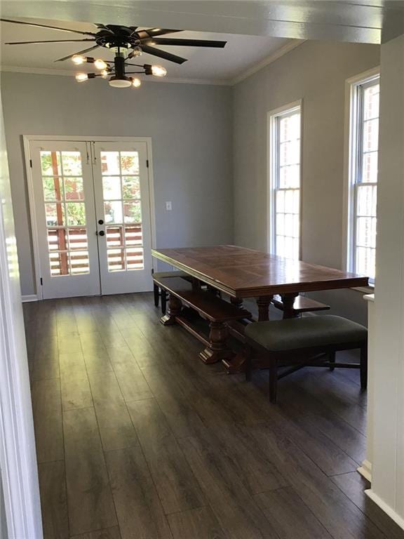 dining space with dark wood-type flooring, crown molding, french doors, and ceiling fan