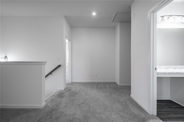 1628 Newport Dr, Bethlehem, GA 30620 - hallway featuring an upstairs landing, carpet, recessed lighting, baseboards, and attic access