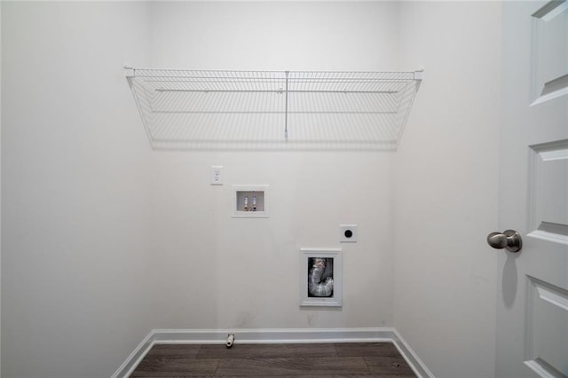1628 Newport Dr, Bethlehem, GA 30620 - laundry area with washer hookup, dark wood-style flooring, baseboards, and electric dryer hookup