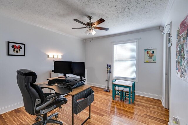 1189 Norfolk Dr NW, Acworth, GA 30102 - home office with light wood finished floors, baseboards, a ceiling fan, a textured ceiling, and crown molding