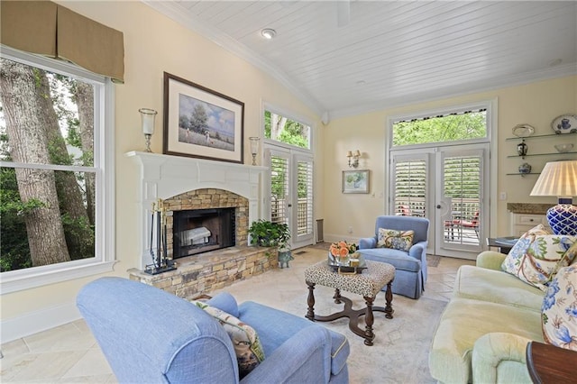 2630 Weddington Pl NE, Marietta, GA 30068 - living area featuring lofted ceiling, baseboards, french doors, a fireplace, and crown molding