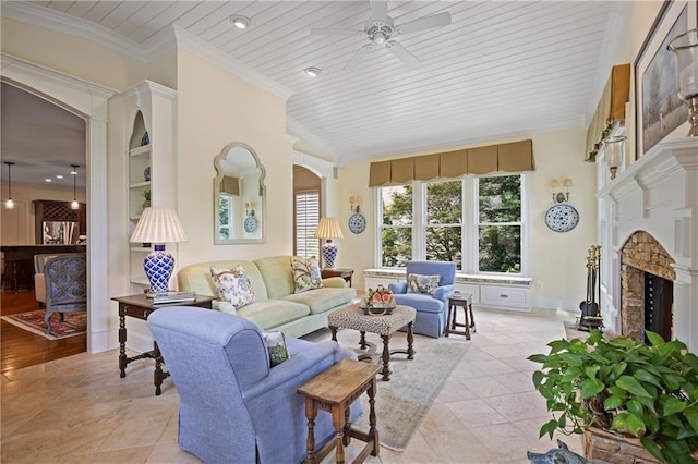 2630 Weddington Pl NE, Marietta, GA 30068 - living room with ceiling fan, wood ceiling, a fireplace, and baseboards
