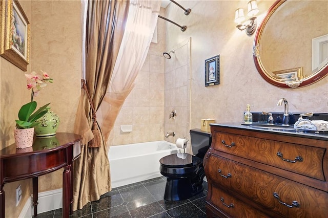 2630 Weddington Pl NE, Marietta, GA 30068 - bathroom featuring shower / bath combination with curtain, granite tiled floors, vanity, and toilet