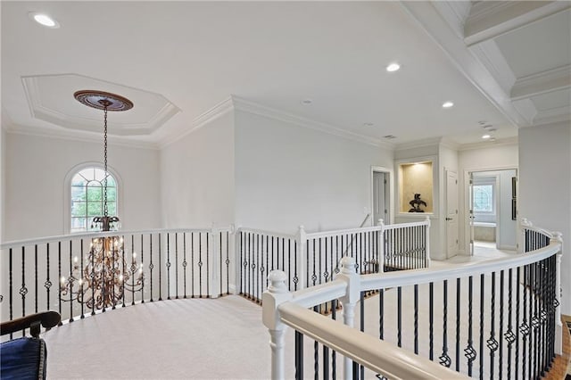 2630 Weddington Pl NE, Marietta, GA 30068 - hall featuring an upstairs landing, a chandelier, ornamental molding, and recessed lighting