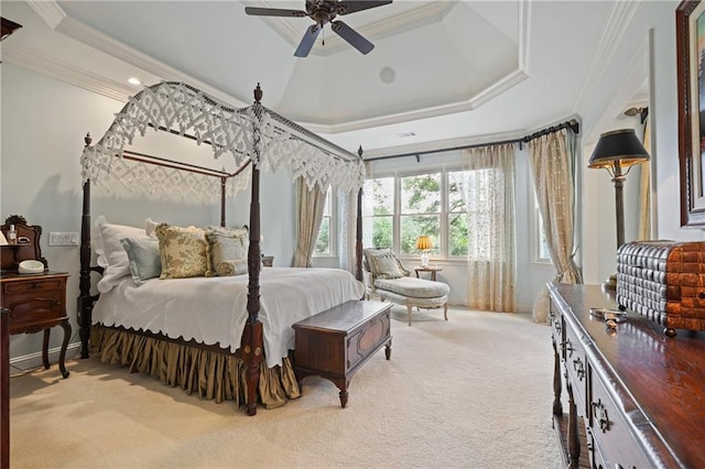 2630 Weddington Pl NE, Marietta, GA 30068 - bedroom with light colored carpet, crown molding, a tray ceiling, and a ceiling fan