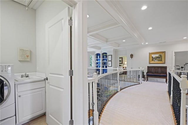 2630 Weddington Pl NE, Marietta, GA 30068 - hallway with an upstairs landing, washer / dryer, coffered ceiling, beam ceiling, and a sink