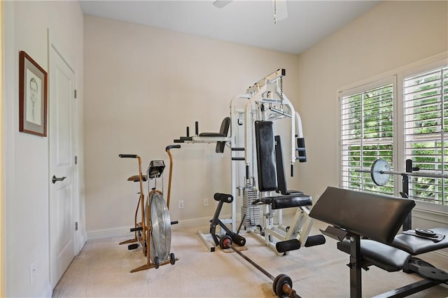 2630 Weddington Pl NE, Marietta, GA 30068 - exercise room with healthy amount of natural light, baseboards, light carpet, and a ceiling fan