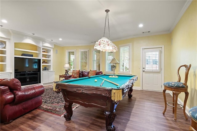 2630 Weddington Pl NE, Marietta, GA 30068 - rec room with crown molding, wood finished floors, pool table, baseboards, and recessed lighting