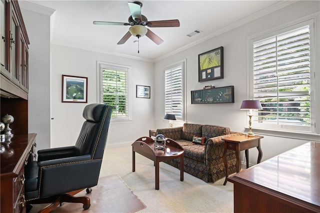 2630 Weddington Pl NE, Marietta, GA 30068 - office space featuring light carpet, crown molding, ceiling fan, and baseboards