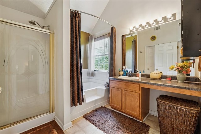 4450 Millenium View Ct, Snellville, GA 30039 - full bath featuring lofted ceiling, a stall shower, a bath, and vanity