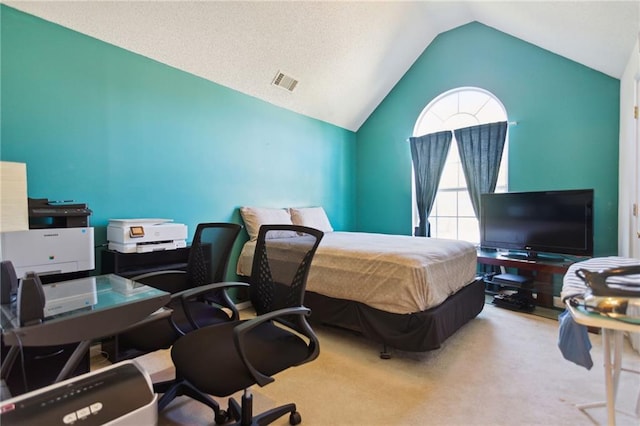 carpeted bedroom featuring vaulted ceiling