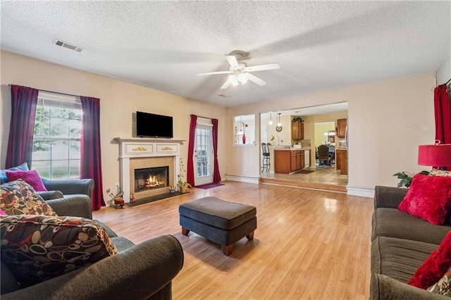 4450 Millenium View Ct, Snellville, GA 30039 - living area featuring a ceiling fan, light wood finished floors, a textured ceiling, and a lit fireplace