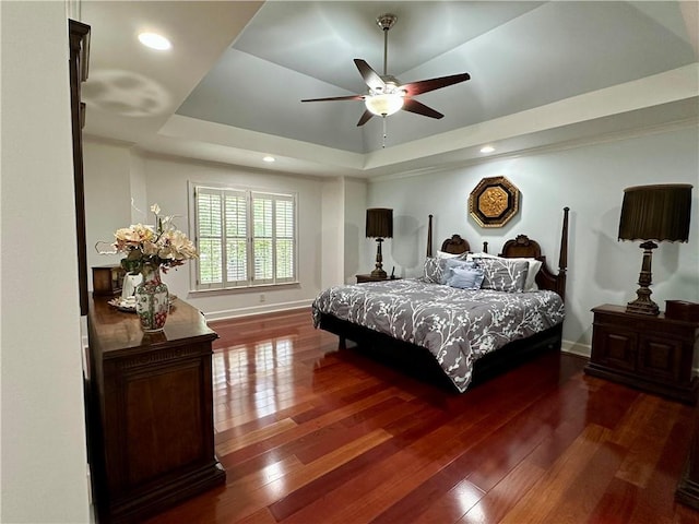 810 Doe Hill Ln, Roswell, GA 30075 - bedroom featuring a raised ceiling, hardwood / wood-style flooring, ceiling fan, and recessed lighting