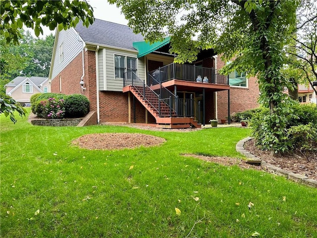 810 Doe Hill Ln, Roswell, GA 30075 - rear view of property with brick siding, stairway, a lawn, and a wooden deck
