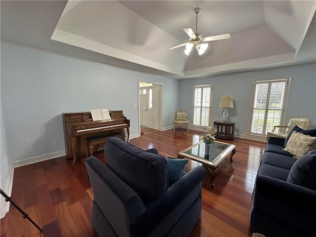 810 Doe Hill Ln, Roswell, GA 30075 - living area with a raised ceiling, a ceiling fan, and wood finished floors