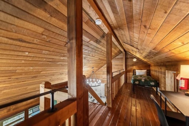 additional living space with hardwood / wood-style floors, wood walls, wooden ceiling, an inviting chandelier, and vaulted ceiling