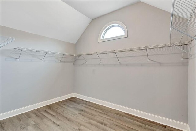 walk in closet featuring lofted ceiling and hardwood / wood-style floors