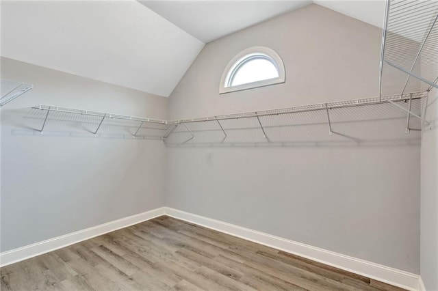 spacious closet featuring vaulted ceiling and wood finished floors