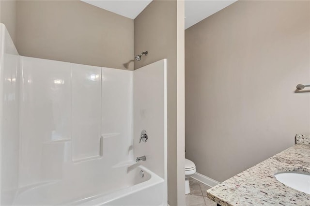 full bath featuring toilet, vanity, baseboards, shower / bathing tub combination, and tile patterned floors