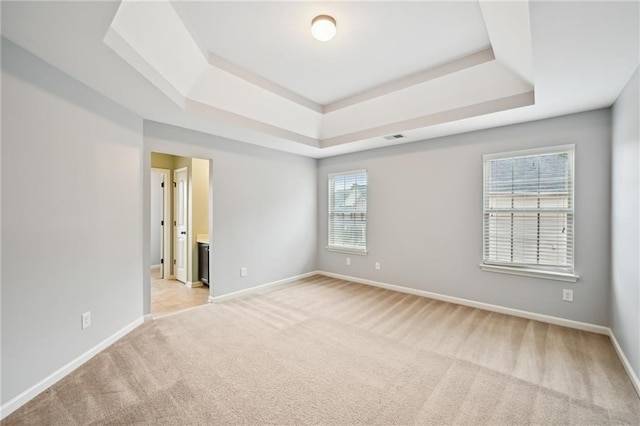 empty room featuring light carpet and a raised ceiling