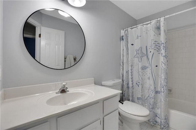 full bathroom featuring toilet, shower / tub combo, and vanity