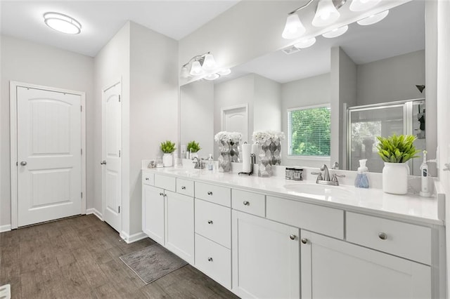 140 Canyons Ct, Hampton, GA 30228 - bathroom featuring double vanity, wood finished floors, and a shower stall