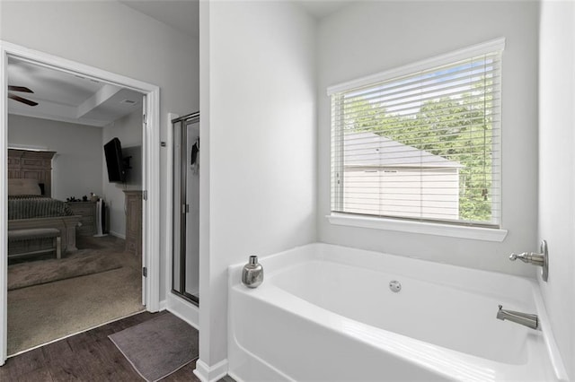 140 Canyons Ct, Hampton, GA 30228 - full bath featuring a bath, a shower stall, wood finished floors, ensuite bath, and a ceiling fan