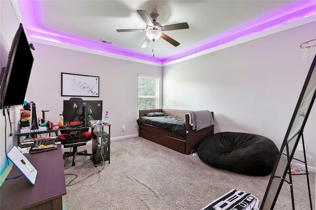140 Canyons Ct, Hampton, GA 30228 - bedroom featuring a tray ceiling, carpet floors, an office area, and a ceiling fan