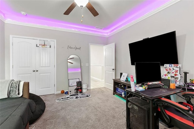 140 Canyons Ct, Hampton, GA 30228 - carpeted office space featuring ceiling fan, crown molding, and a raised ceiling