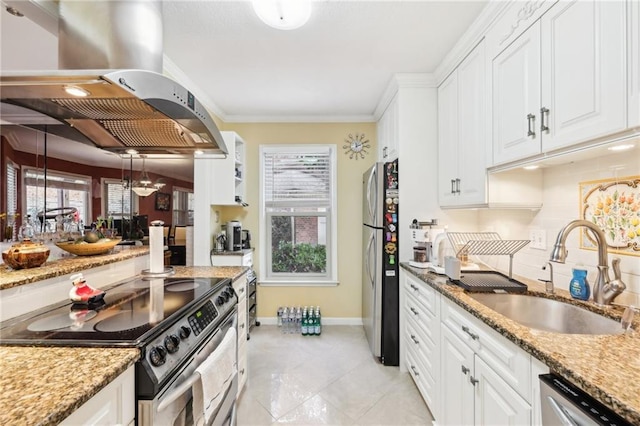 kitchen with white cabinetry, sink, plenty of natural light, island range hood, and appliances with stainless steel finishes