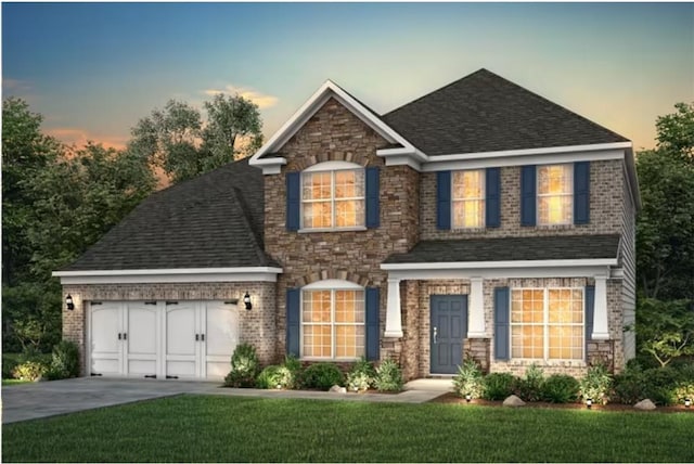 4317 Azalea Ridge Way, Hoschton, GA 30548 - view of front facade with an attached garage, concrete driveway, a front lawn, a shingled roof, and brick siding