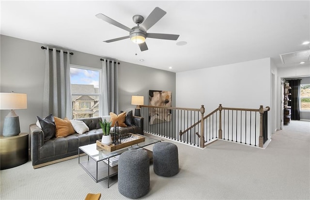 4317 Azalea Ridge Way, Hoschton, GA 30548 - living area with attic access, carpet, a ceiling fan, and recessed lighting