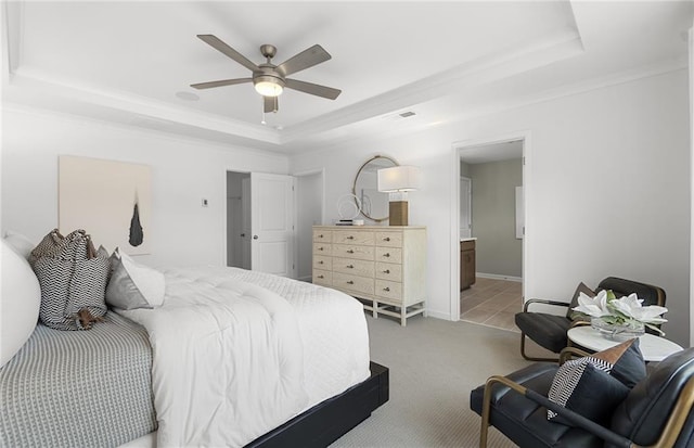 4317 Azalea Ridge Way, Hoschton, GA 30548 - bedroom with a raised ceiling, light colored carpet, ornamental molding, ensuite bath, and ceiling fan