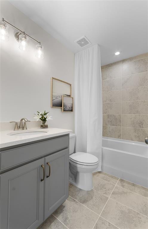 4317 Azalea Ridge Way, Hoschton, GA 30548 - bathroom with vanity, shower / bathtub combination with curtain, tile patterned floors, and recessed lighting