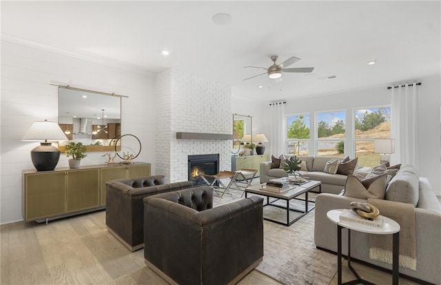4317 Azalea Ridge Way, Hoschton, GA 30548 - living room featuring ceiling fan, light wood-type flooring, a fireplace, and recessed lighting