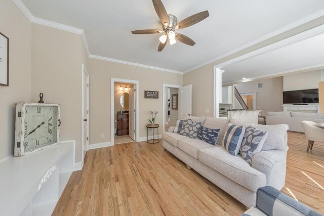 4621 Chartwell Chase Ct, Flowery Branch, GA 30542 - living area featuring a ceiling fan, light wood-style floors, ornamental molding, and baseboards