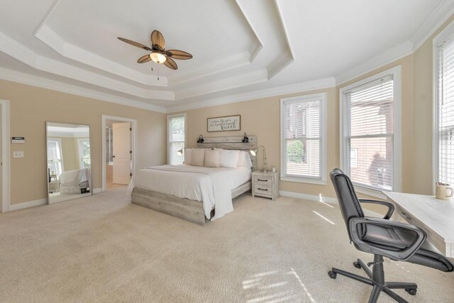 4621 Chartwell Chase Ct, Flowery Branch, GA 30542 - carpeted bedroom with a tray ceiling, ornamental molding, an office area, a ceiling fan, and baseboards